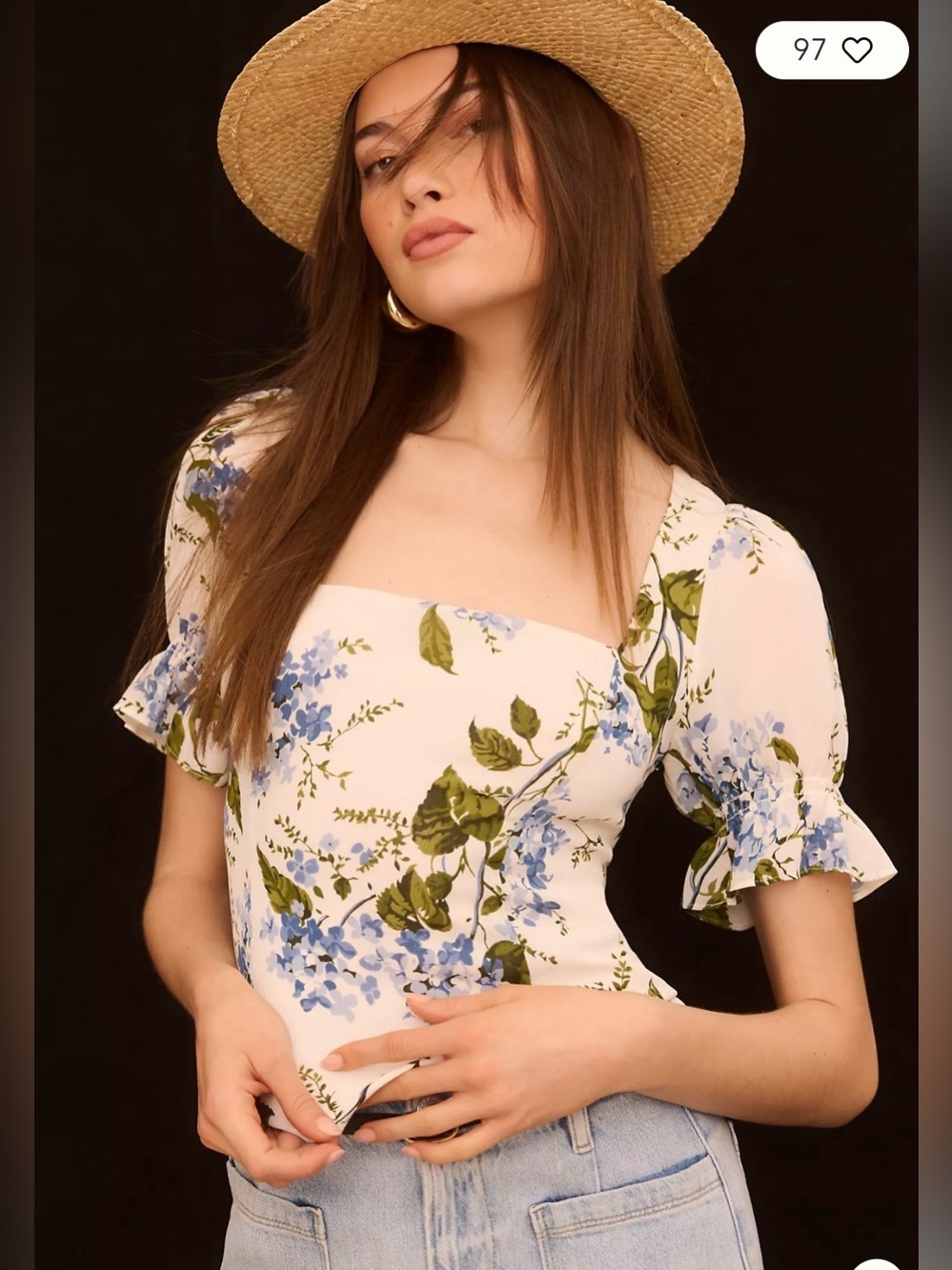 Reformation Constance Top Cream Floral Square-Neck Puff Sleeve Top